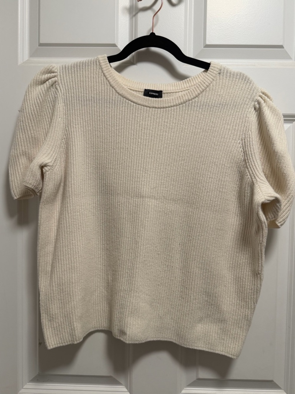 Express Ivory Ribbed Puff-Sleeve Knit Top